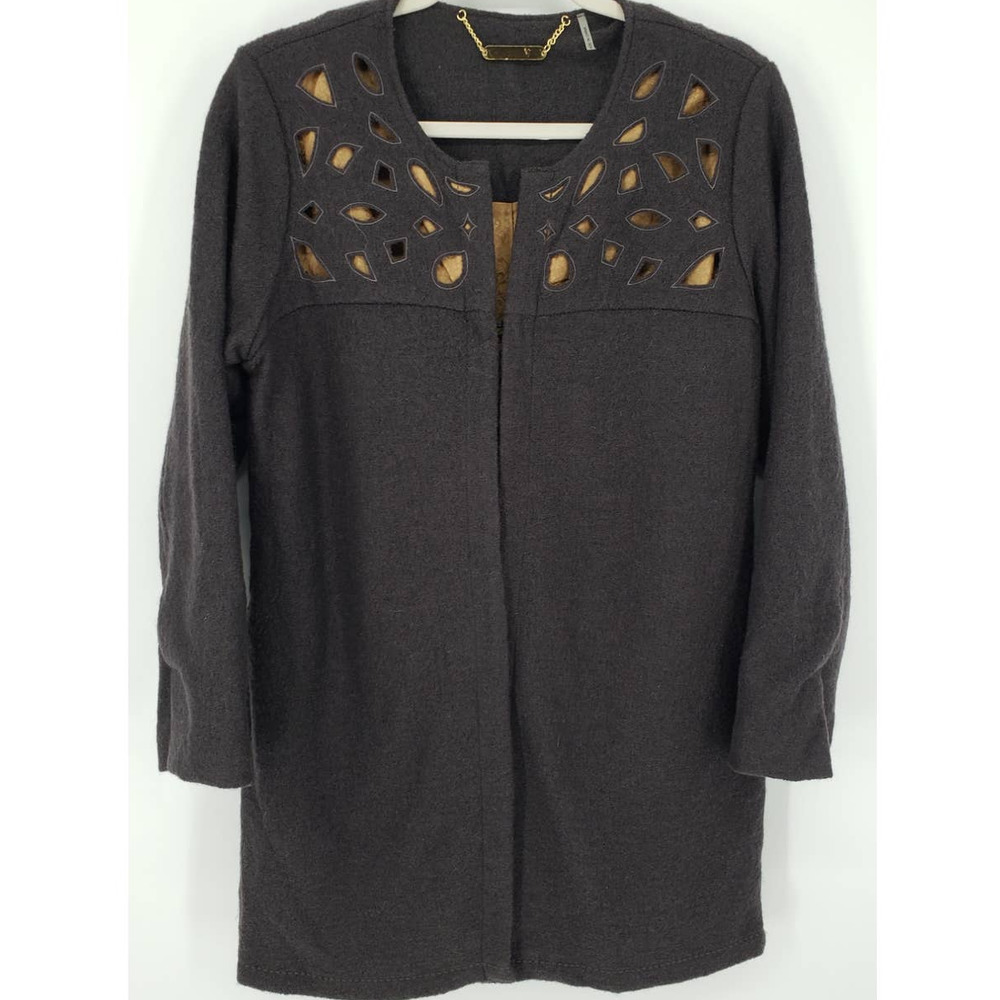 Soft Surroundings Boiled Wool Top Coat Jacket SP Petite Laser Cut Dark Gray Gold